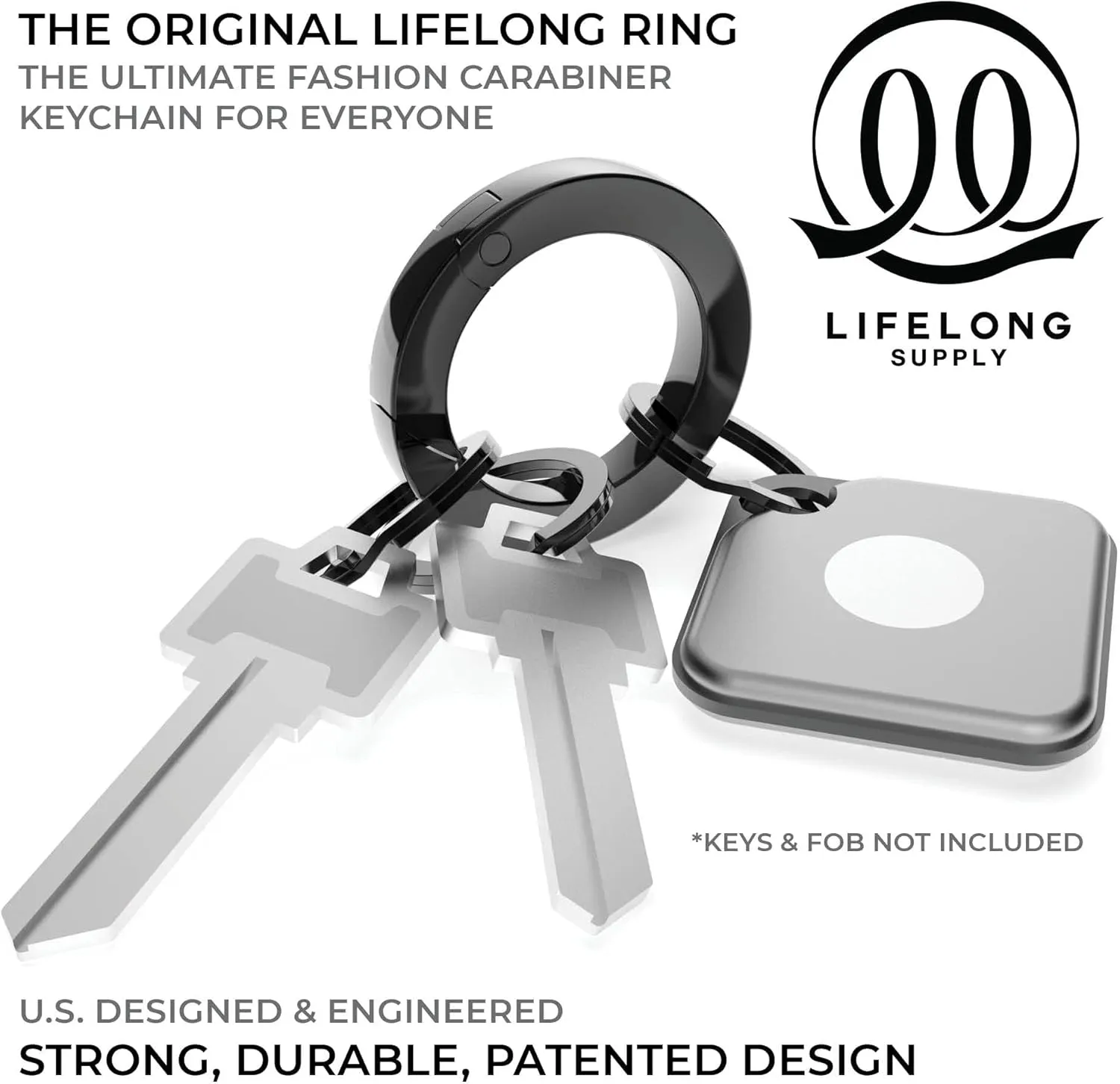 300 Series (1) Circle Carabiner Keychain Clip & (3) Matching Flat-Style Key Rings for Keychain Set