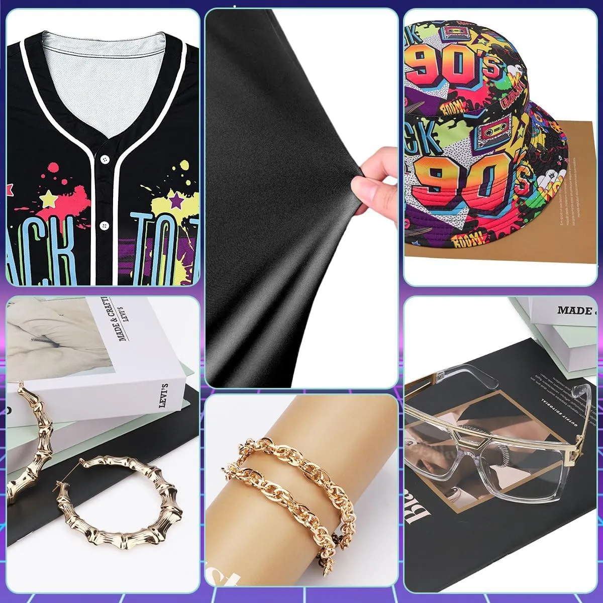 80s 90s Outfit for Women, Unisex Hip Hop Costume Baseball Jersey Shirt Yoga Pants Bucket Hat Gold Chain Rapper Accessories