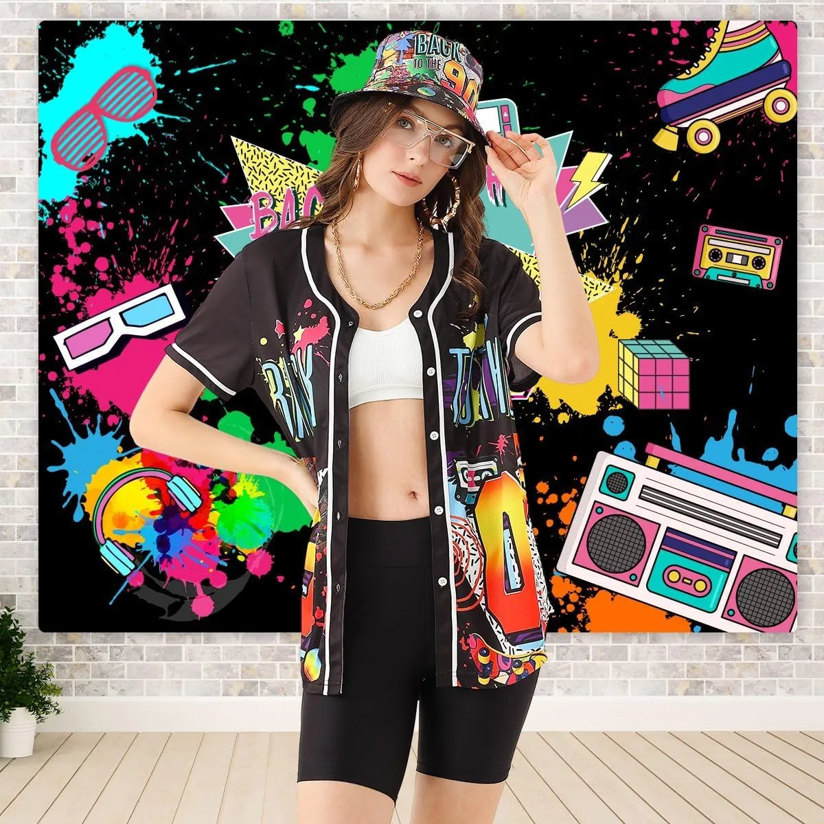 80s 90s Outfit for Women, Unisex Hip Hop Costume Baseball Jersey Shirt Yoga Pants Bucket Hat Gold Chain Rapper Accessories