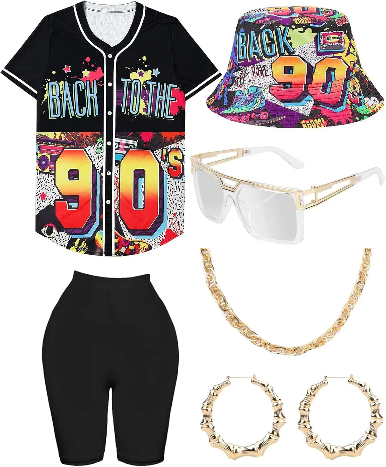 80s 90s Outfit for Women, Unisex Hip Hop Costume Baseball Jersey Shirt Yoga Pants Bucket Hat Gold Chain Rapper Accessories