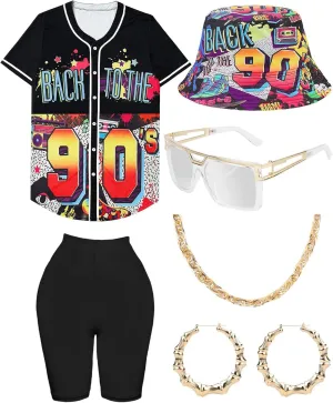 80s 90s Outfit for Women, Unisex Hip Hop Costume Baseball Jersey Shirt Yoga Pants Bucket Hat Gold Chain Rapper Accessories