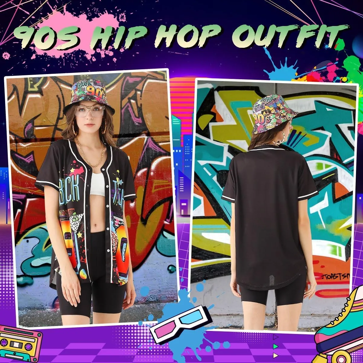 80s 90s Outfit for Women, Unisex Hip Hop Costume Baseball Jersey Shirt Yoga Pants Bucket Hat Gold Chain Rapper Accessories