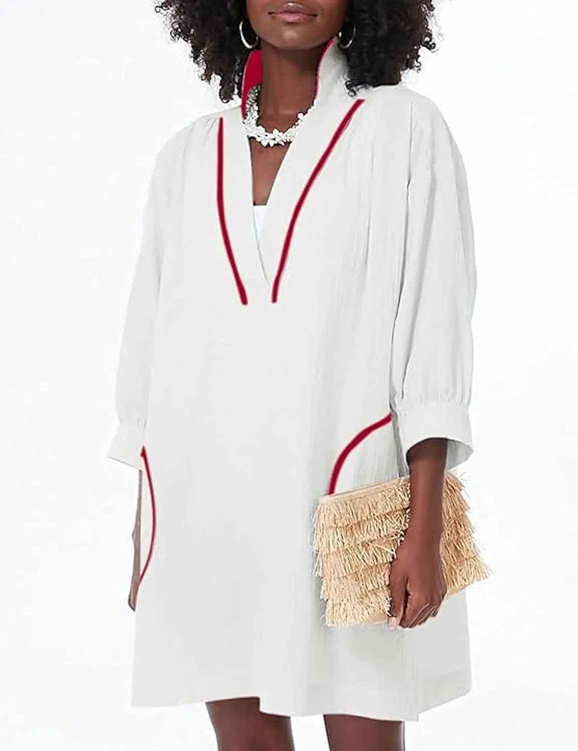 Ailoqing Swimsuit Coverup Womens V Neck 3/4 Sleeve Casual Shirt Dress with Pockets