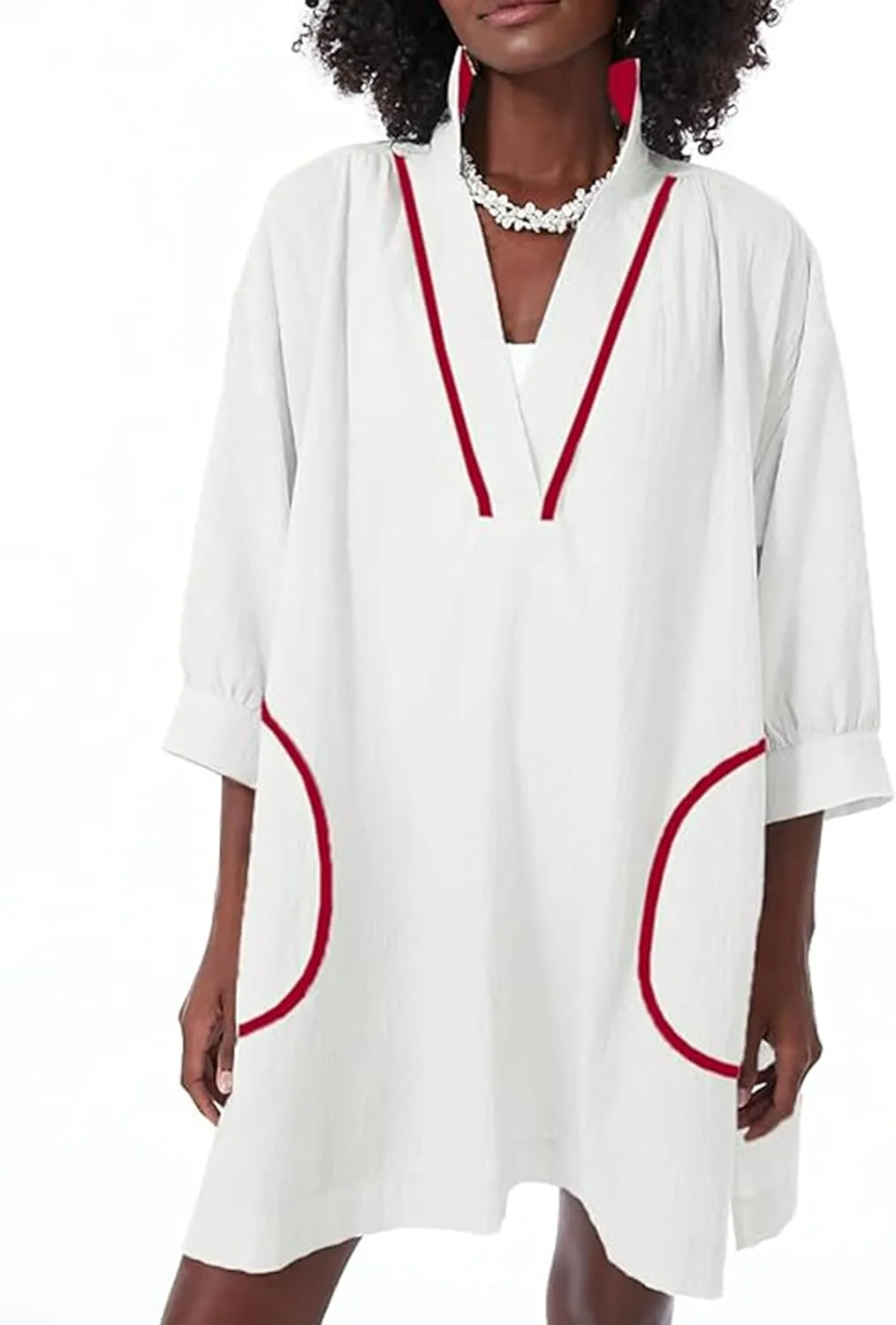 Ailoqing Swimsuit Coverup Womens V Neck 3/4 Sleeve Casual Shirt Dress with Pockets