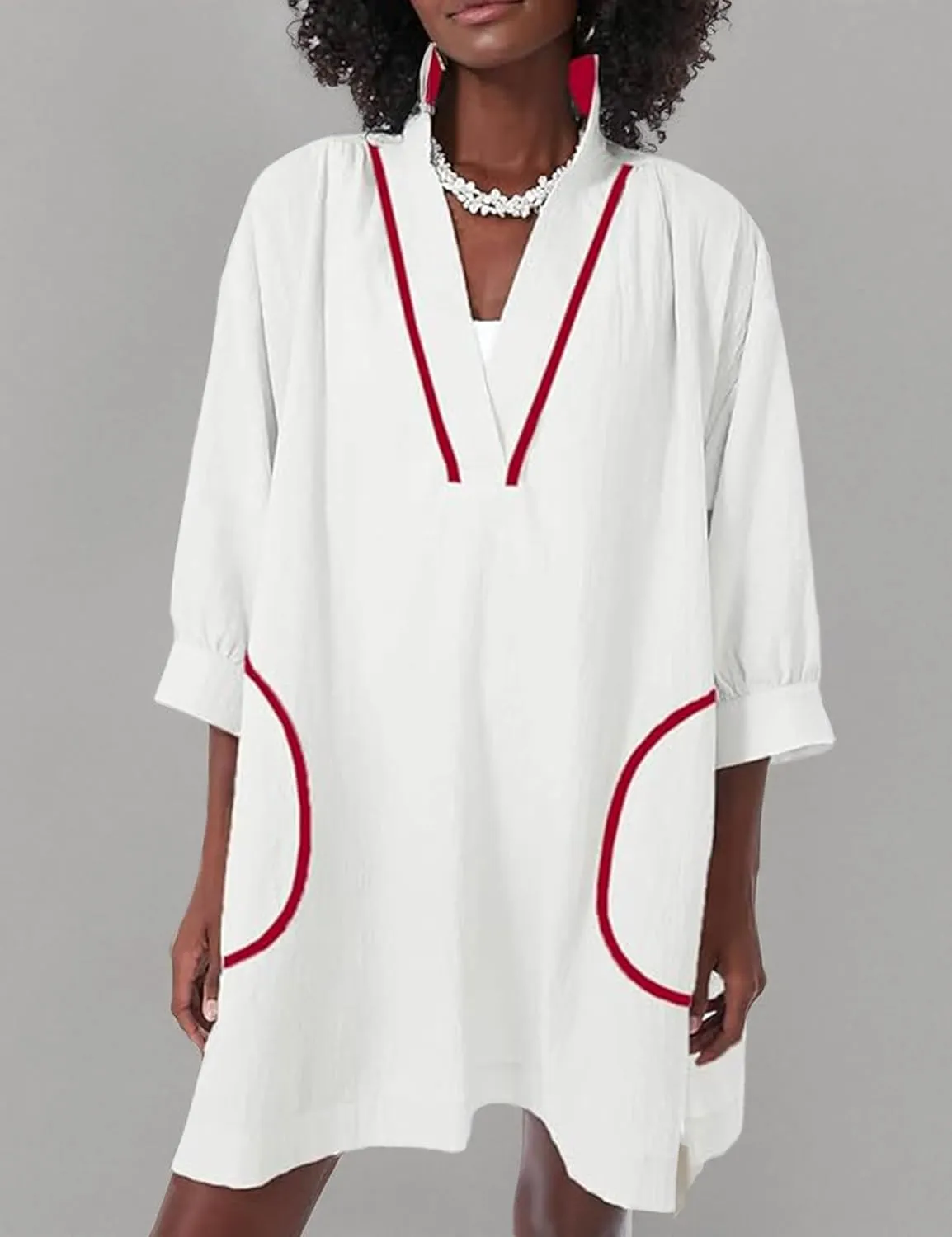 Ailoqing Swimsuit Coverup Womens V Neck 3/4 Sleeve Casual Shirt Dress with Pockets