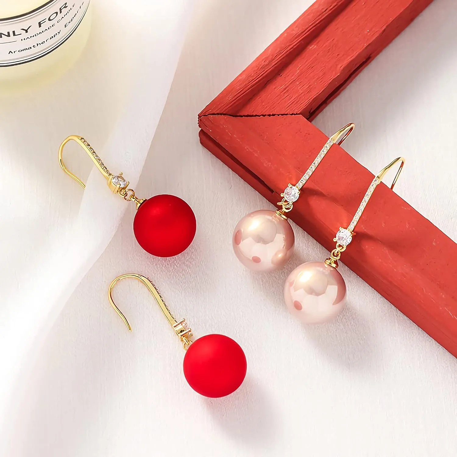 Big Pearls drop dangle Sterling Silver 18k Gold Plated Ear Hook Pearls Earrings for Women Ladies GirlS,Hypoallergenic red,White&Pink Pearls Dangle Drop Earrings with Cubic Zirconia large big Pearls Earrings.(Big Pearls diameter 13-14 mm)
