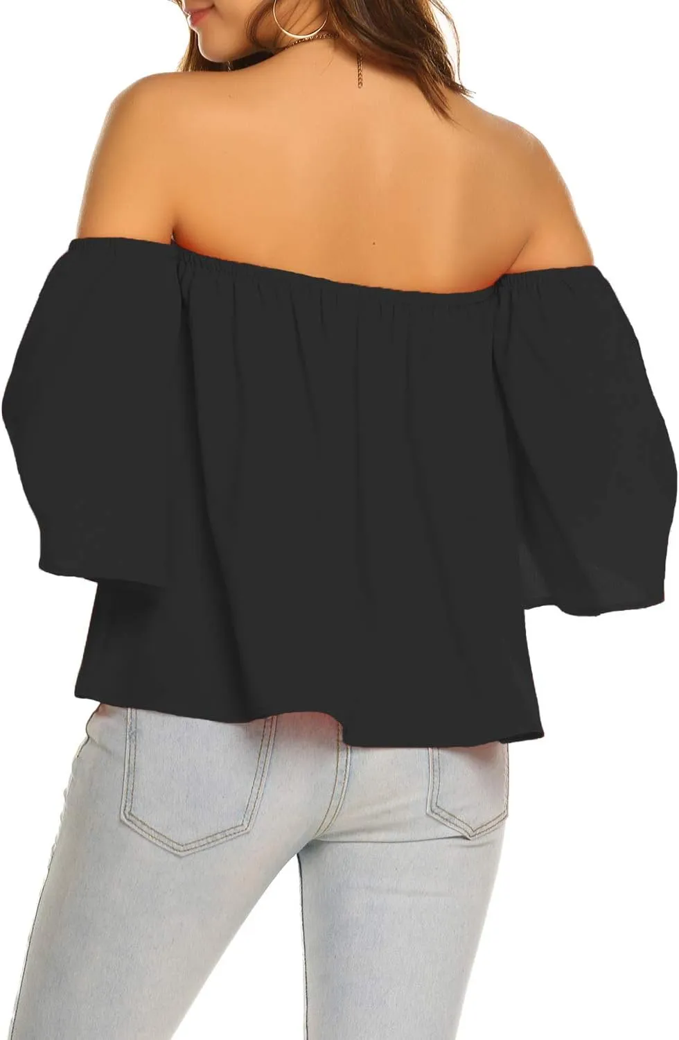 Bluetime Women Summer Off Shoulder Chiffon Blouse Ruffles Short Sleeves Tops Casual T Shirt