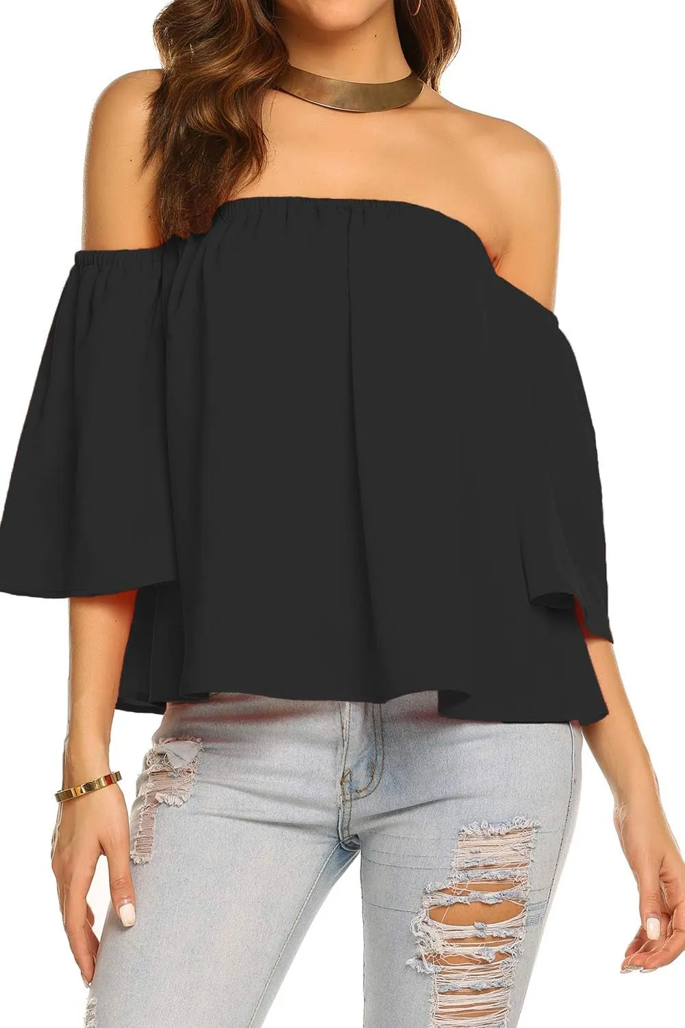 Bluetime Women Summer Off Shoulder Chiffon Blouse Ruffles Short Sleeves Tops Casual T Shirt