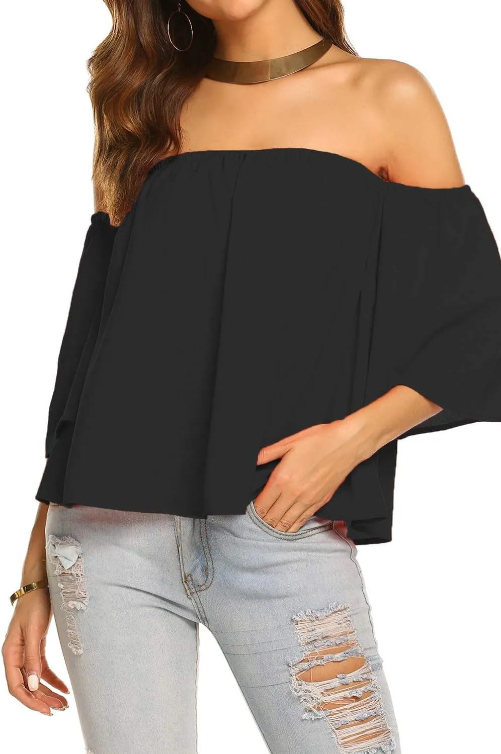 Bluetime Women Summer Off Shoulder Chiffon Blouse Ruffles Short Sleeves Tops Casual T Shirt
