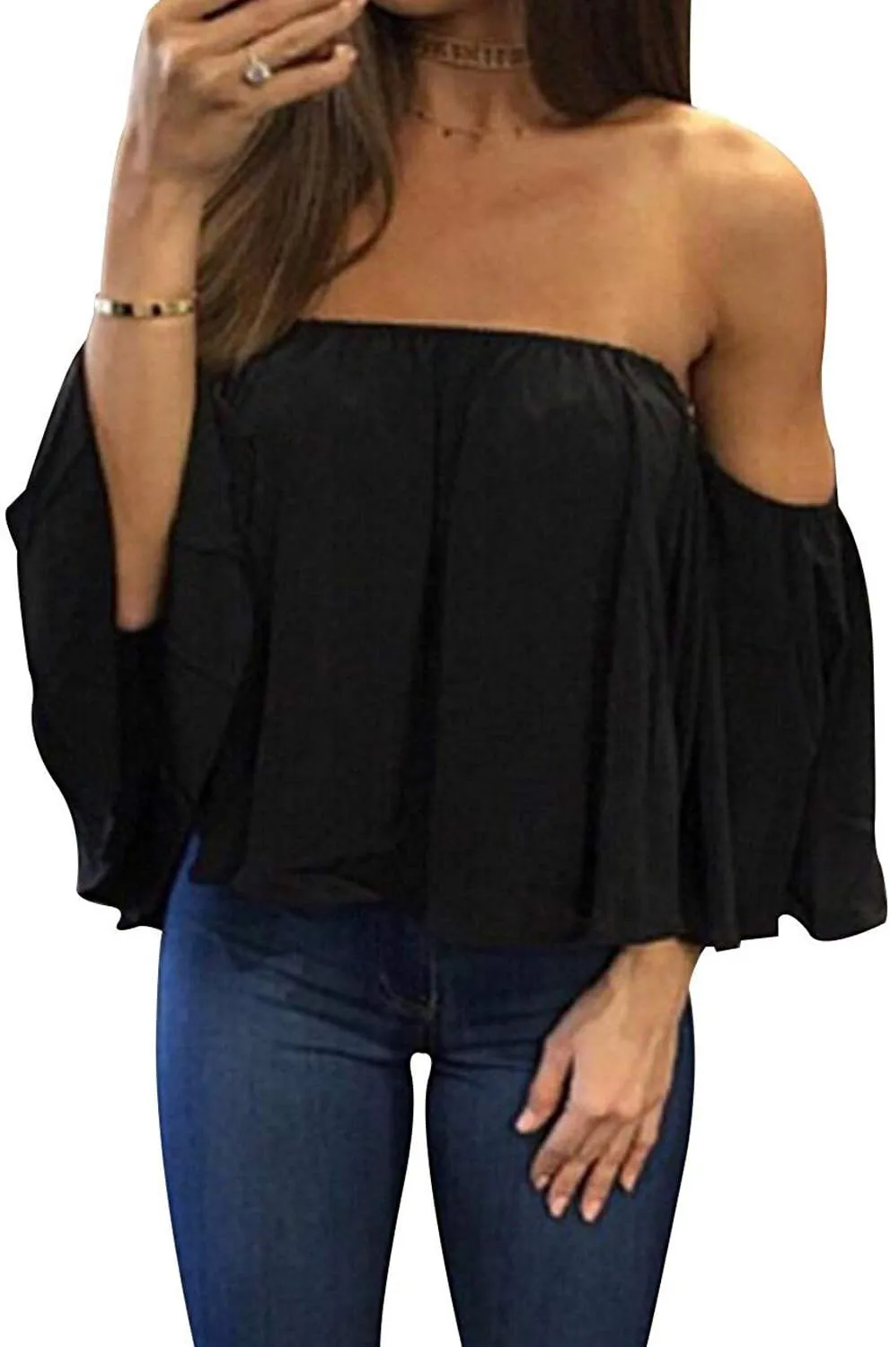 Bluetime Women Summer Off Shoulder Chiffon Blouse Ruffles Short Sleeves Tops Casual T Shirt