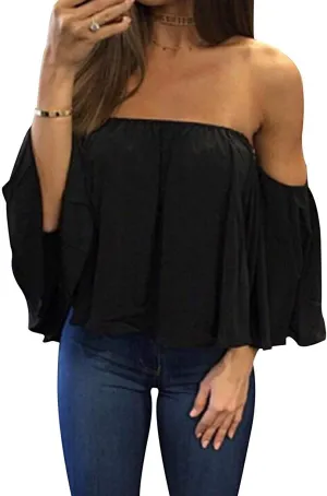 Bluetime Women Summer Off Shoulder Chiffon Blouse Ruffles Short Sleeves Tops Casual T Shirt