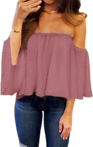 Bluetime Women Summer Off Shoulder Chiffon Blouse Ruffles Short Sleeves Tops Casual T Shirt