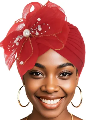 Bohend Big Flower Knotted Headwrap Cap Pearl Beads Pre Tied Turbans Beanie Bow Knot Bonnet Ruffle Stretch Headscarf Hat Women