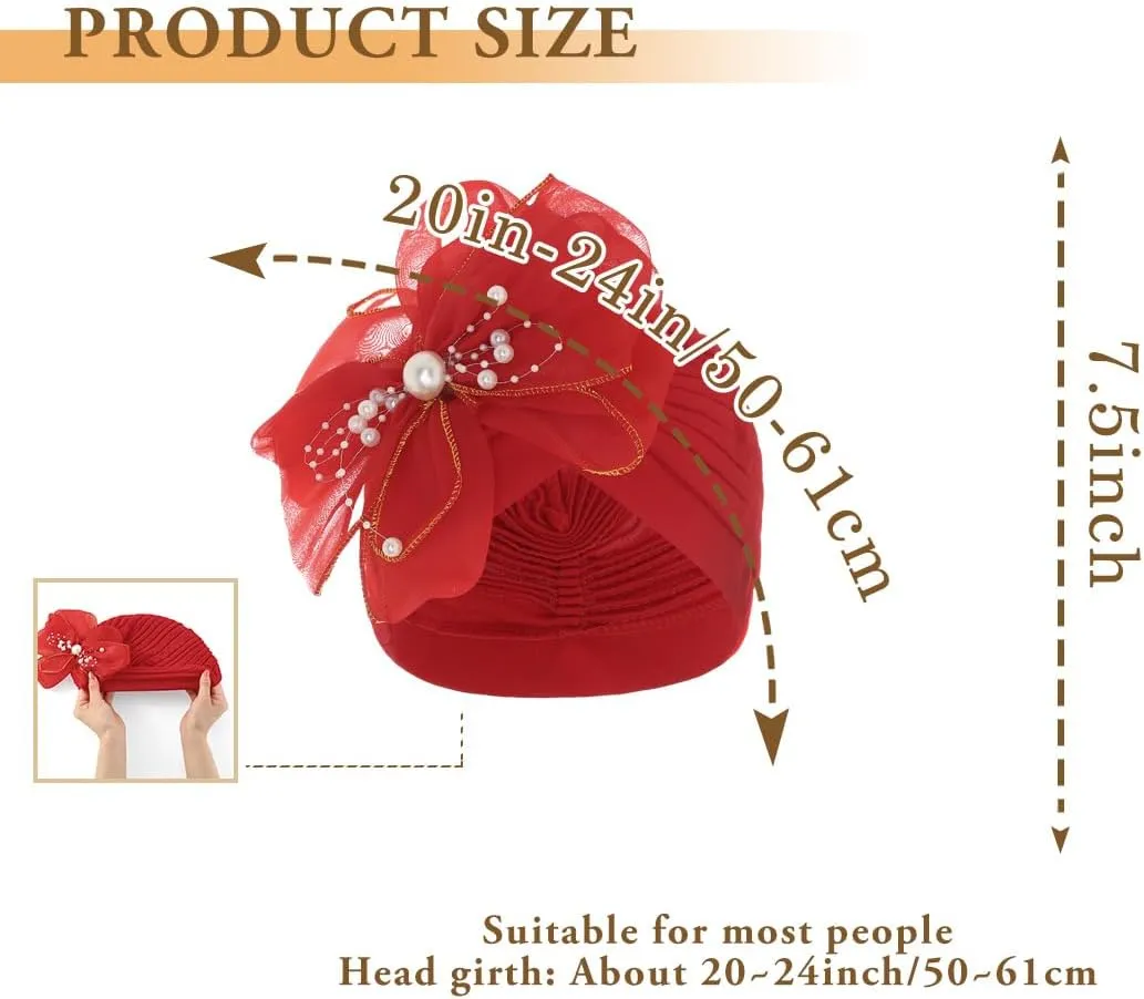 Bohend Big Flower Knotted Headwrap Cap Pearl Beads Pre Tied Turbans Beanie Bow Knot Bonnet Ruffle Stretch Headscarf Hat Women