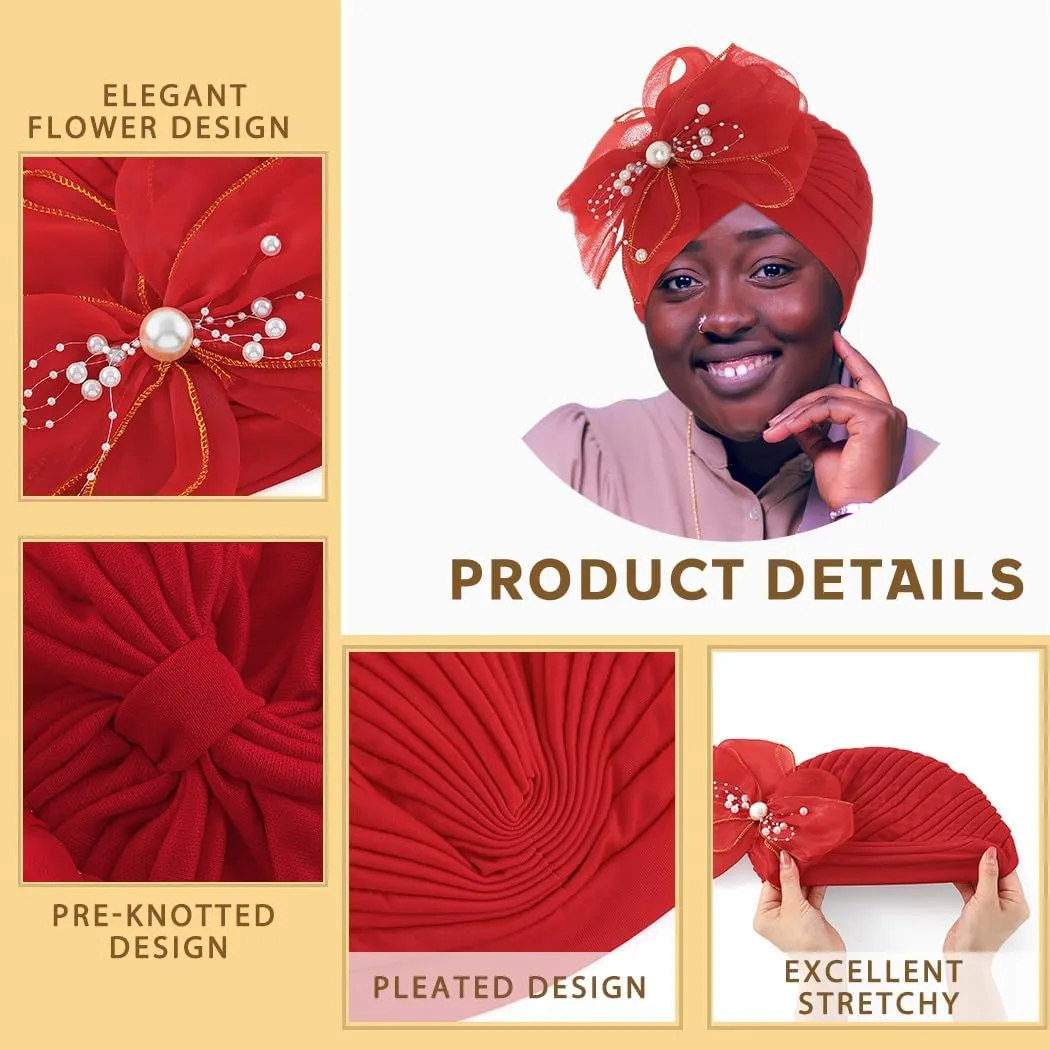 Bohend Big Flower Knotted Headwrap Cap Pearl Beads Pre Tied Turbans Beanie Bow Knot Bonnet Ruffle Stretch Headscarf Hat Women