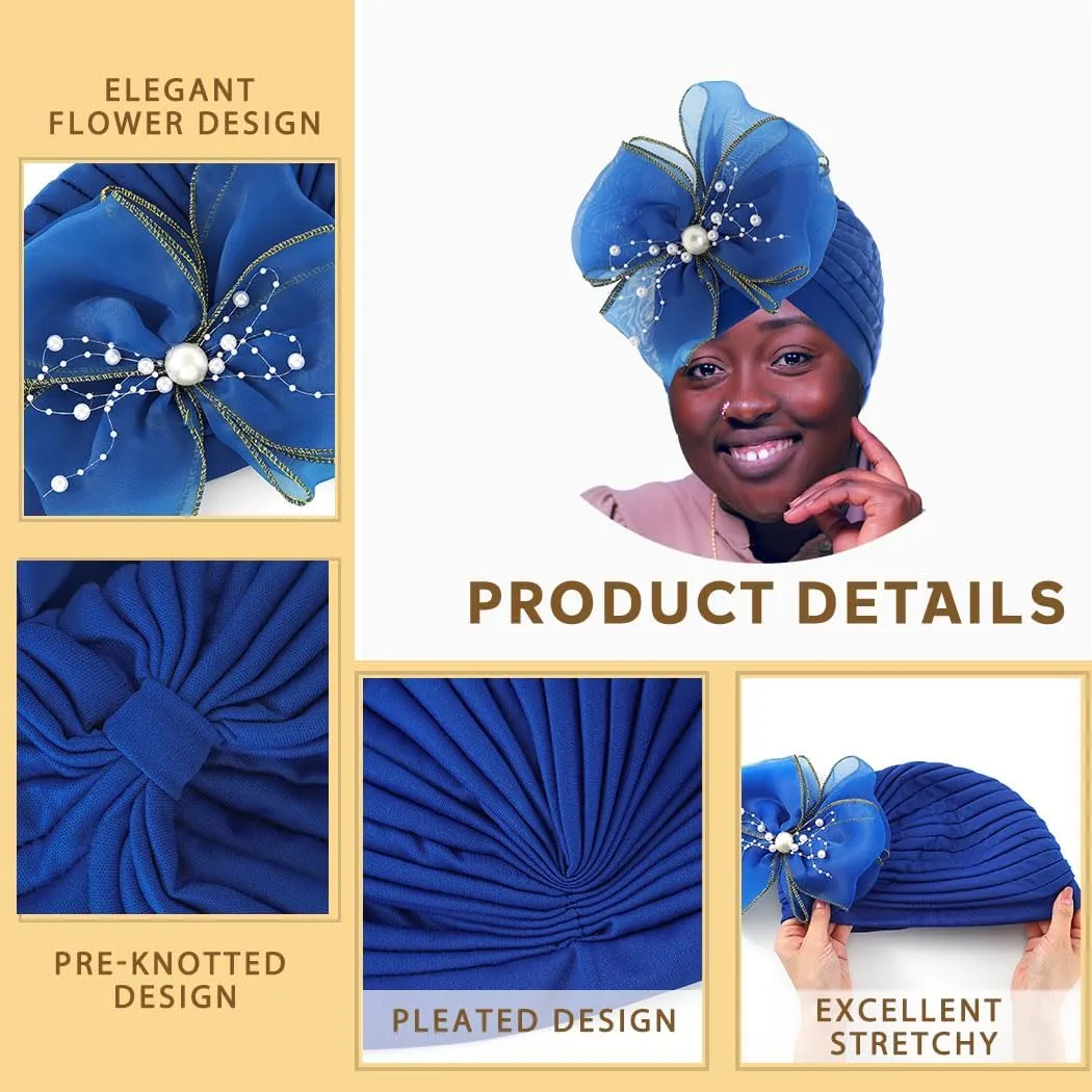 Bohend Big Flower Knotted Headwrap Cap Pearl Beads Pre Tied Turbans Beanie Bow Knot Bonnet Ruffle Stretch Headscarf Hat Women