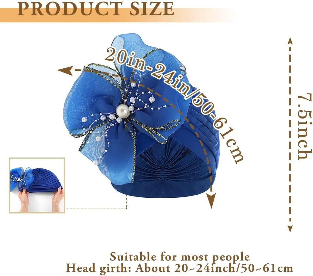 Bohend Big Flower Knotted Headwrap Cap Pearl Beads Pre Tied Turbans Beanie Bow Knot Bonnet Ruffle Stretch Headscarf Hat Women