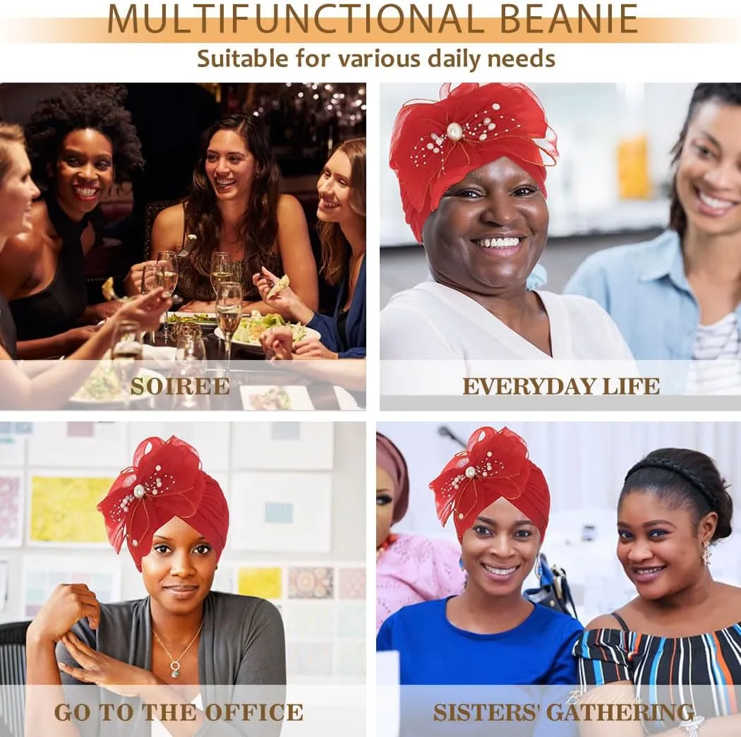 Bohend Big Flower Knotted Headwrap Cap Pearl Beads Pre Tied Turbans Beanie Bow Knot Bonnet Ruffle Stretch Headscarf Hat Women