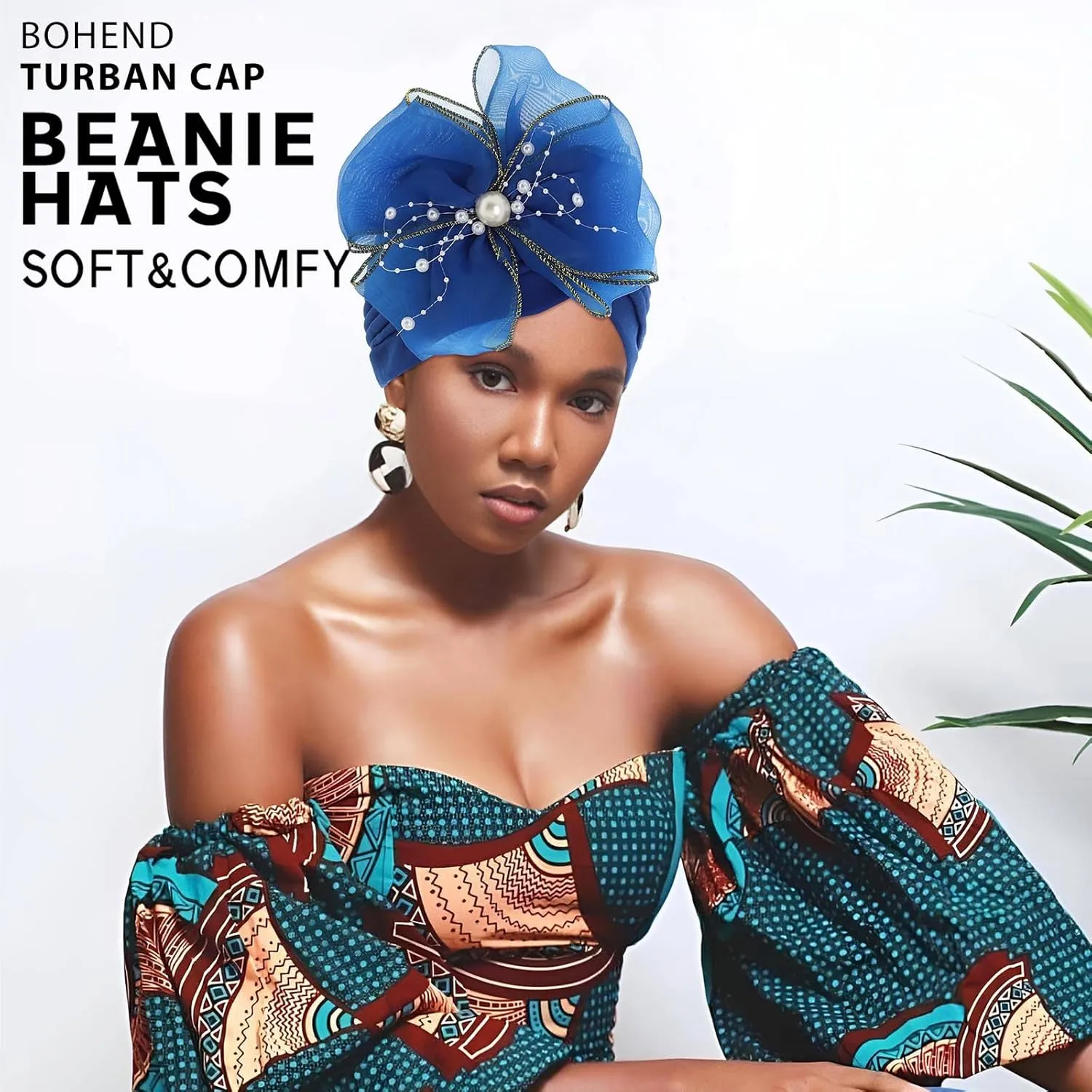 Bohend Big Flower Knotted Headwrap Cap Pearl Beads Pre Tied Turbans Beanie Bow Knot Bonnet Ruffle Stretch Headscarf Hat Women