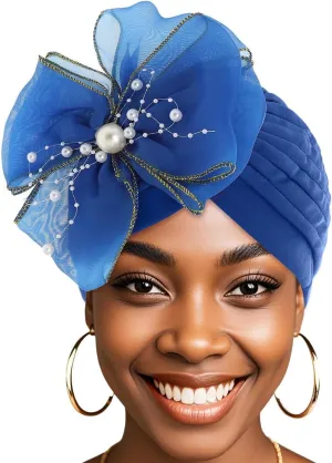 Bohend Big Flower Knotted Headwrap Cap Pearl Beads Pre Tied Turbans Beanie Bow Knot Bonnet Ruffle Stretch Headscarf Hat Women