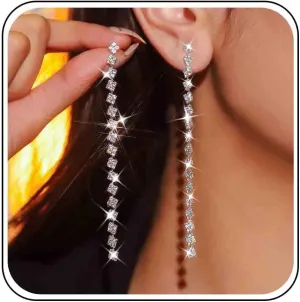 Boho Long Crystal Tassel Chain Earrings Long Rhinestone Chain Earrings Wedding Chandeliers Dangle Earrings Crystal Chandeliers Earring Cz Paved Tassel Stud for Women(Gold)