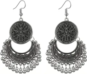 Boho Round Disc Flower Crescent Moon Beaded Ball Tassel Long Dangle Drop Earrings for Women Bohemian Bali Vintage Chandelier Indian U Shaped Hook Dangling Hanging Hypoallergenic Jewelry Gifts