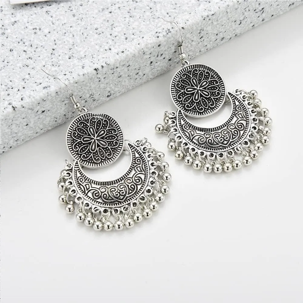 Boho Round Disc Flower Crescent Moon Beaded Ball Tassel Long Dangle Drop Earrings for Women Bohemian Bali Vintage Chandelier Indian U Shaped Hook Dangling Hanging Hypoallergenic Jewelry Gifts