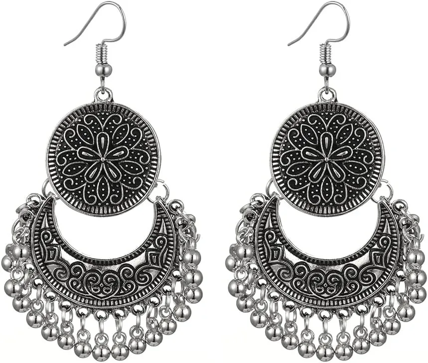 Boho Round Disc Flower Crescent Moon Beaded Ball Tassel Long Dangle Drop Earrings for Women Bohemian Bali Vintage Chandelier Indian U Shaped Hook Dangling Hanging Hypoallergenic Jewelry Gifts