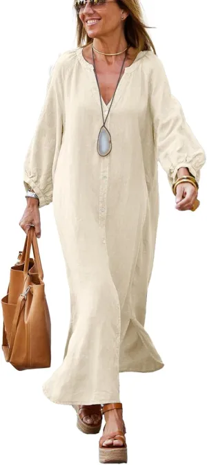 chouyatou Women Summer Long Sleeve Notch Neck Maxi Linen Shirt Dress Loose Button Down Tunic Shift Dress