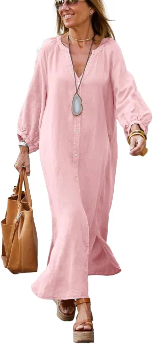 chouyatou Women Summer Long Sleeve Notch Neck Maxi Linen Shirt Dress Loose Button Down Tunic Shift Dress