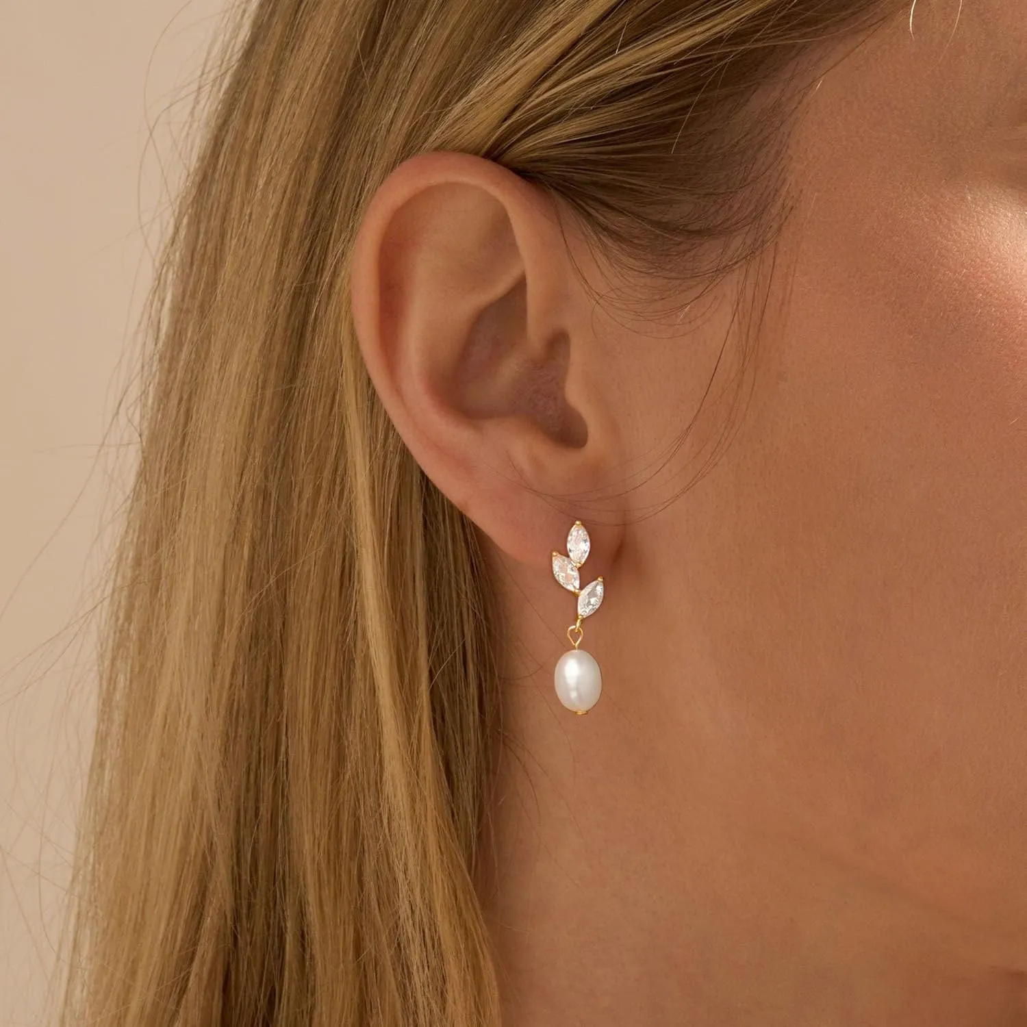 Dainty Gold Pearl Earrings for Women, Trendy 14k Gold Filled Freshwater CZ Leaf Bow Pearl Dangle Drop Earrings Lightweight Hypoallergenic Bridesmaid Stud Earring Wedding Statement Jewelry for Women Gifts
