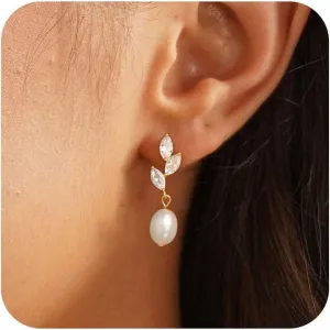 Dainty Gold Pearl Earrings for Women, Trendy 14k Gold Filled Freshwater CZ Leaf Bow Pearl Dangle Drop Earrings Lightweight Hypoallergenic Bridesmaid Stud Earring Wedding Statement Jewelry for Women Gifts
