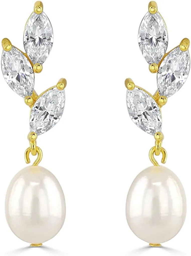 Dainty Gold Pearl Earrings for Women, Trendy 14k Gold Filled Freshwater CZ Leaf Bow Pearl Dangle Drop Earrings Lightweight Hypoallergenic Bridesmaid Stud Earring Wedding Statement Jewelry for Women Gifts