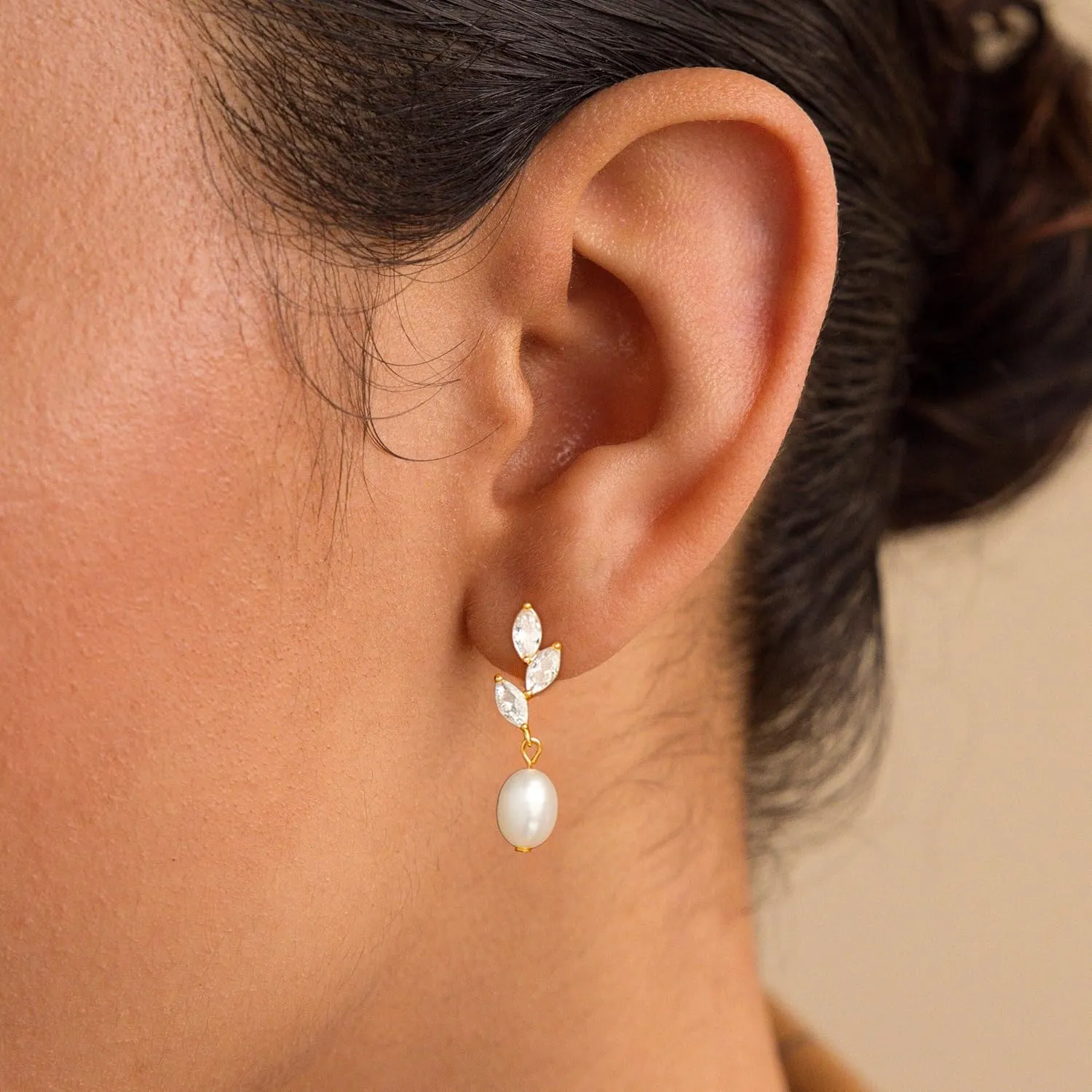 Dainty Gold Pearl Earrings for Women, Trendy 14k Gold Filled Freshwater CZ Leaf Bow Pearl Dangle Drop Earrings Lightweight Hypoallergenic Bridesmaid Stud Earring Wedding Statement Jewelry for Women Gifts
