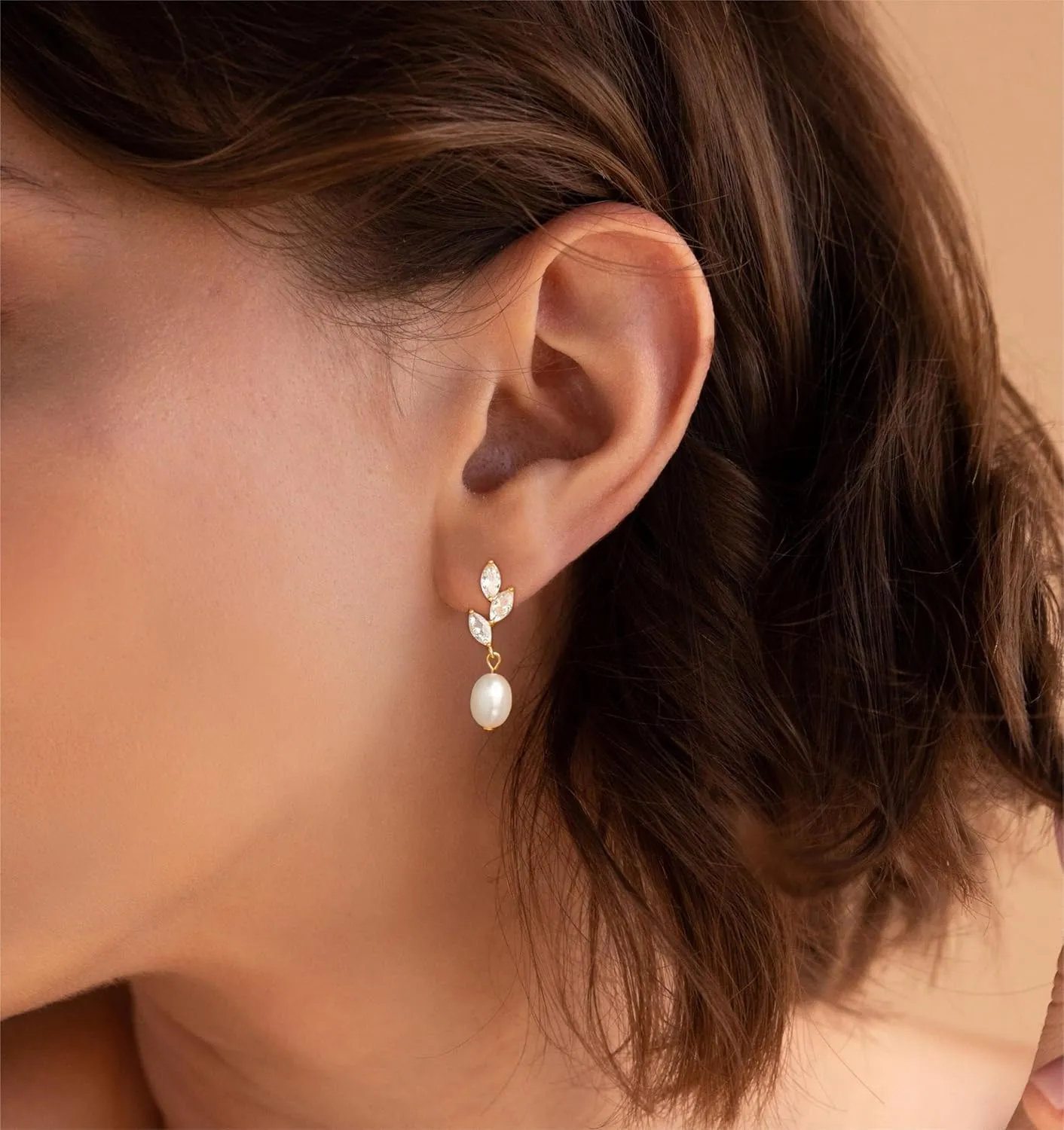 Dainty Gold Pearl Earrings for Women, Trendy 14k Gold Filled Freshwater CZ Leaf Bow Pearl Dangle Drop Earrings Lightweight Hypoallergenic Bridesmaid Stud Earring Wedding Statement Jewelry for Women Gifts