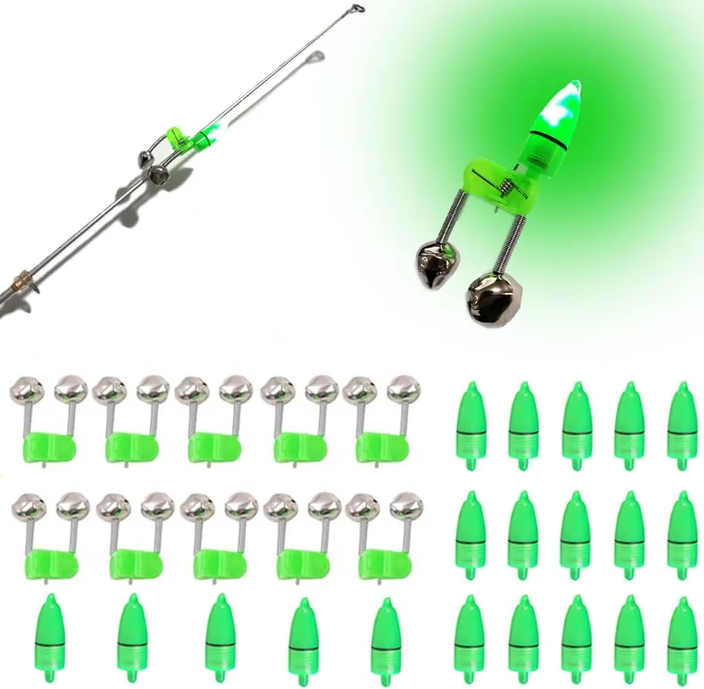 Fishing Bells with Lights 20 Pcs LED Night Fishing Lights 10 Pcs Fishing Rod Bait Alarm Bell Night Fishing Accessories Bait Alarm Bell Rod Clip Tip for Fishing