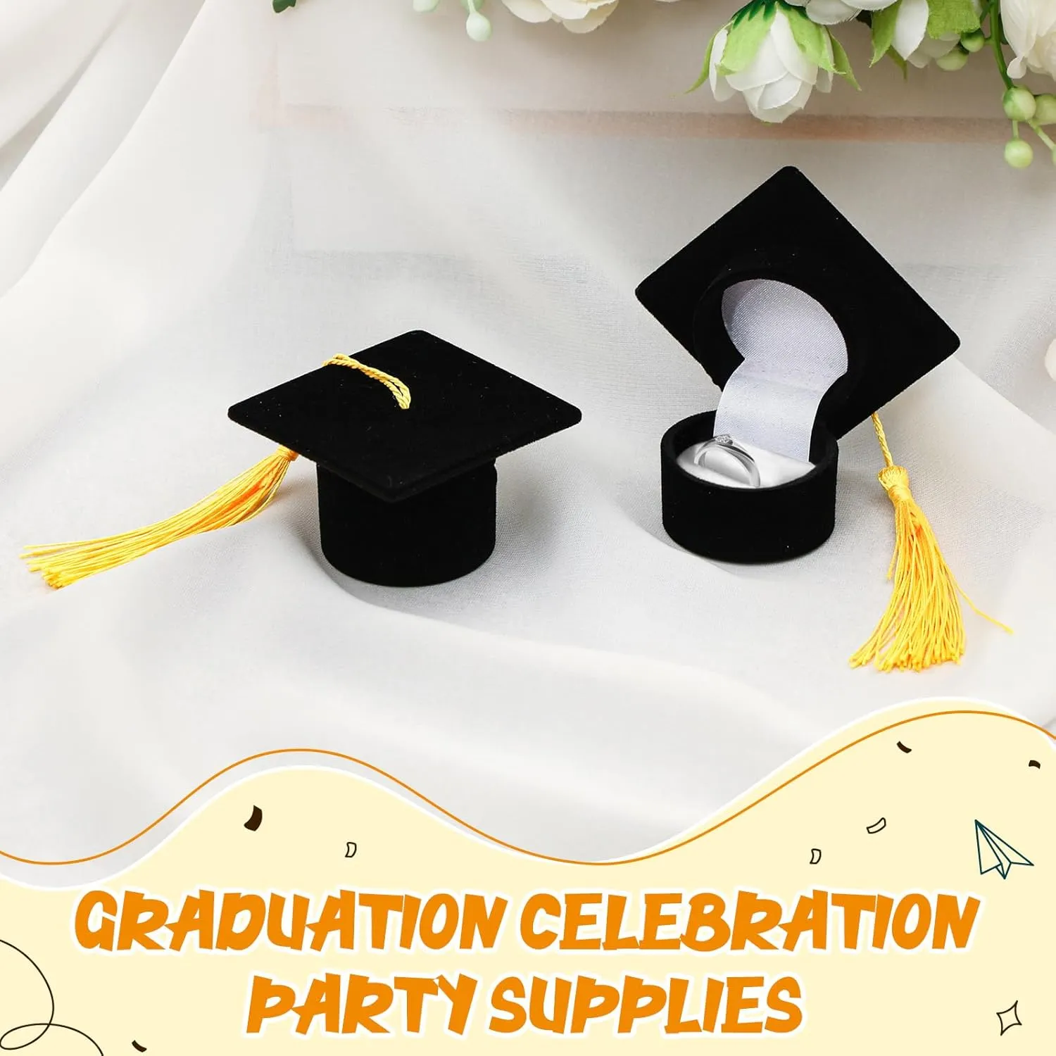 Henoyso 4 Pcs Graduation Hat Shaped Ring Box 2025 Graduation Gift Box Jewelry Case for Celebration Graduation Party Supplies(Gold)