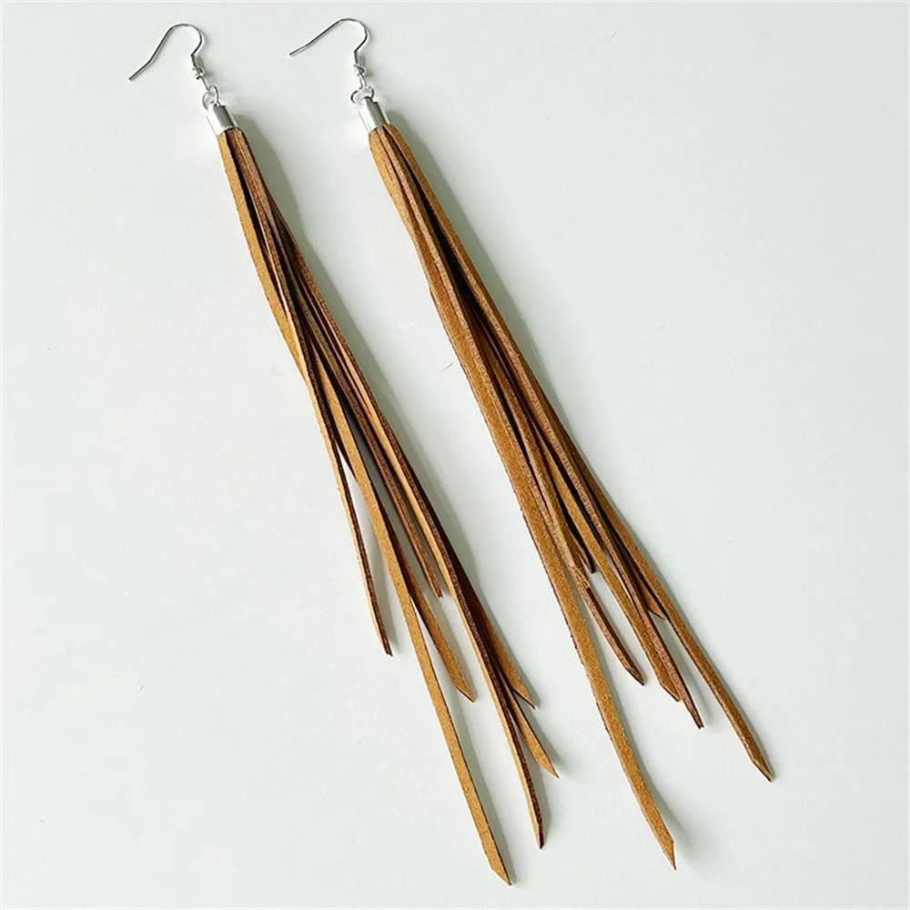 Leather Tassel Earrings Bohemian Tassel Fringe Dangle Earrings Boho Handmade Leather Feather Long Tassel Earrings Western Jewelry for Women