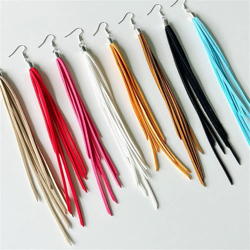 Leather Tassel Earrings Bohemian Tassel Fringe Dangle Earrings Boho Handmade Leather Feather Long Tassel Earrings Western Jewelry for Women