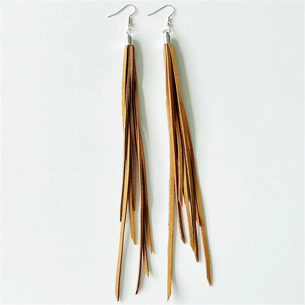 Leather Tassel Earrings Bohemian Tassel Fringe Dangle Earrings Boho Handmade Leather Feather Long Tassel Earrings Western Jewelry for Women
