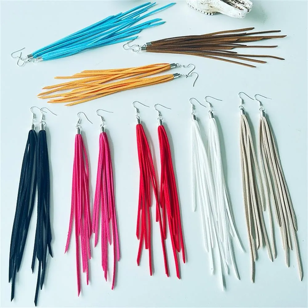 Leather Tassel Earrings Bohemian Tassel Fringe Dangle Earrings Boho Handmade Leather Feather Long Tassel Earrings Western Jewelry for Women