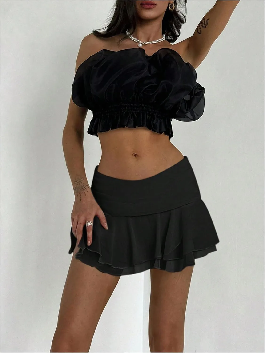 MakeMeChic Women's Tiered Layer Ruched Mesh Sheer Flared Ruffle Hem Summer Y2K Mini Skirts