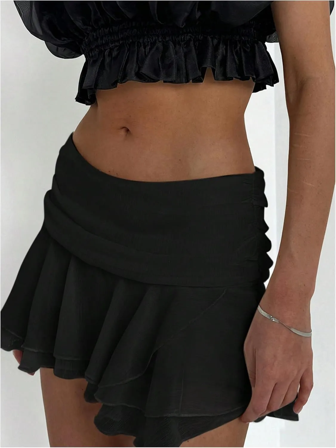 MakeMeChic Women's Tiered Layer Ruched Mesh Sheer Flared Ruffle Hem Summer Y2K Mini Skirts