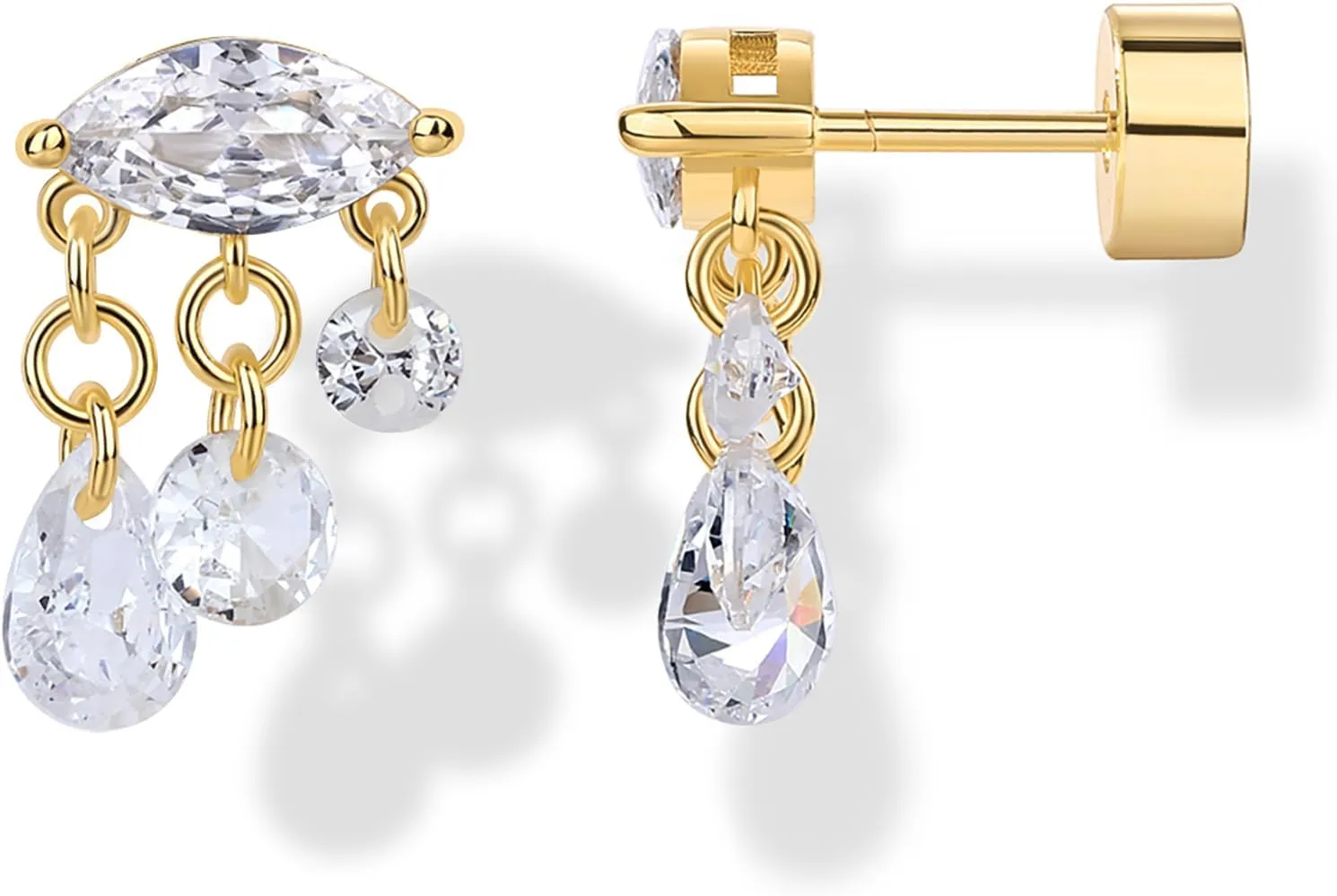 PAVOI 14K Gold Plated Sentimental Dangle Flat Back Earrings for Women | Helix and Cartilage Pearl Cluster Triangle Lotus Pear Marquise Cubic Zirconia Screw Back Earring Pair