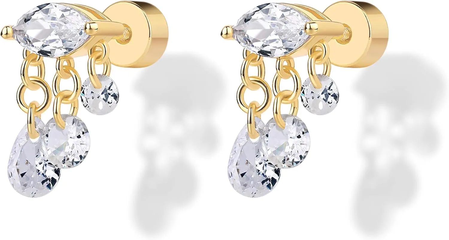 PAVOI 14K Gold Plated Sentimental Dangle Flat Back Earrings for Women | Helix and Cartilage Pearl Cluster Triangle Lotus Pear Marquise Cubic Zirconia Screw Back Earring Pair