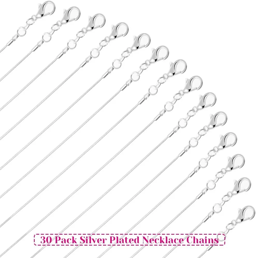 PAXCOO 30 Pack Necklace Chain Silver Plated Necklace Snake Chains Bulk for Jewelry Making, 1.2 mm (18 Inches)