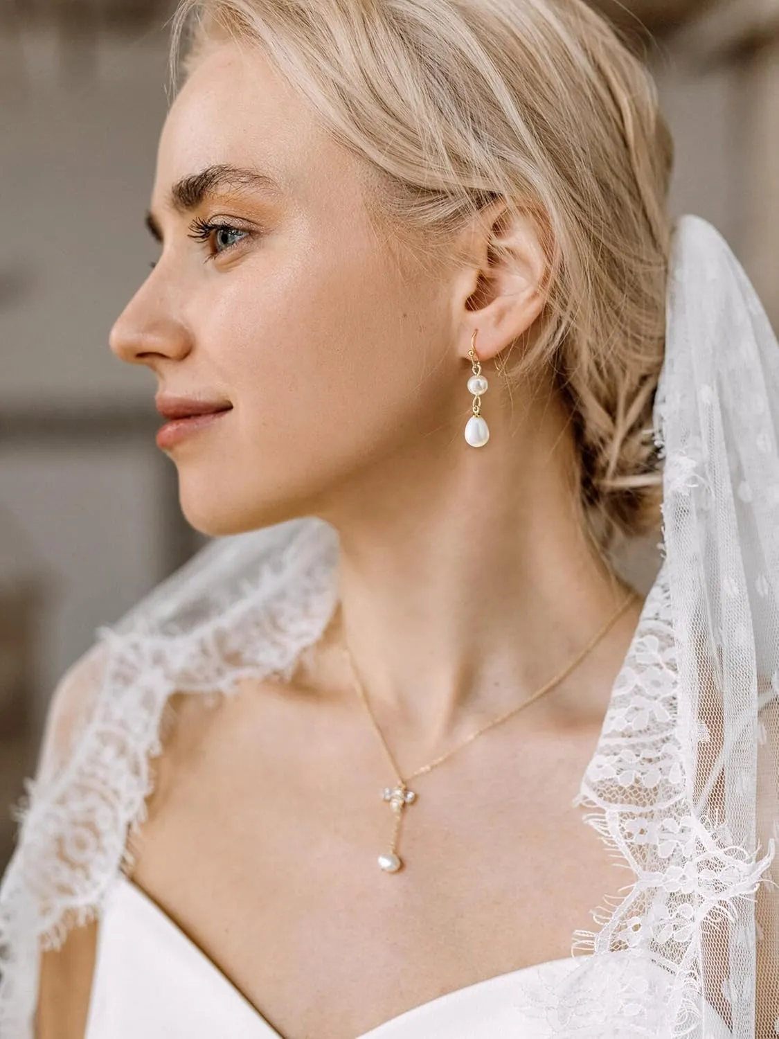 Pearl Earrings for Women 14K Gold Plated/925 Sterling Silver Double Pearl Dangle Drop Earrings for Bridal Wedding Prom Jewelry Gifts