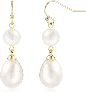 Pearl Earrings for Women 14K Gold Plated/925 Sterling Silver Double Pearl Dangle Drop Earrings for Bridal Wedding Prom Jewelry Gifts