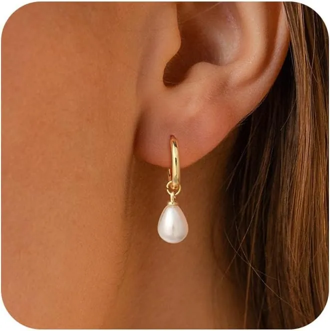 Pearl Earrings for Women Trendy, 14k Gold Plated Freshwater CZ Leaf Pearl Dangle Drop Gold Earrings Lightweight Hypoallergenic Stud Earring Bridesmaid Wedding Gold Jewelry for Women Gifts