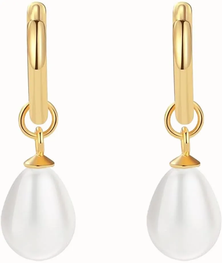 Pearl Earrings for Women Trendy, 14k Gold Plated Freshwater CZ Leaf Pearl Dangle Drop Gold Earrings Lightweight Hypoallergenic Stud Earring Bridesmaid Wedding Gold Jewelry for Women Gifts